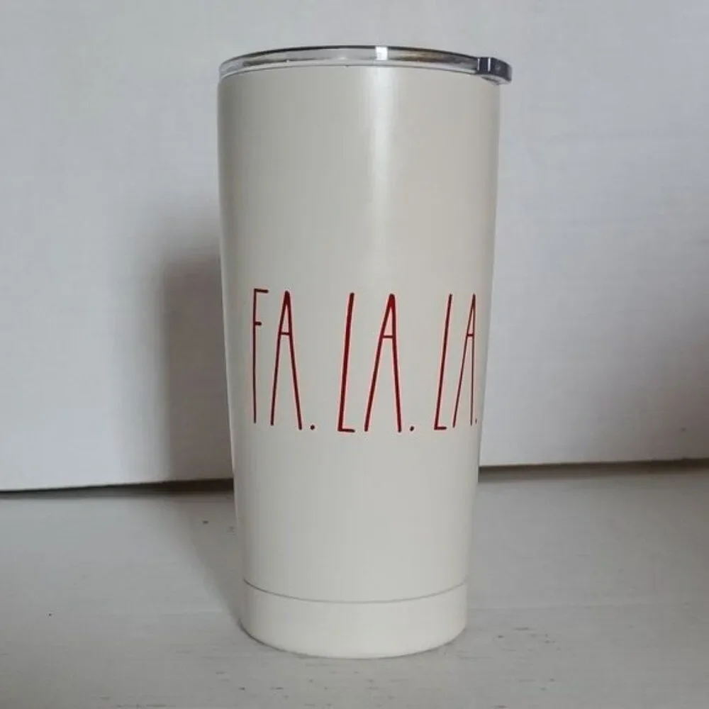 Rae Dunn 17 oz Fa LA LA Travel Tumbler Mug Cup STAINLESS STEEL White HOLIDAY